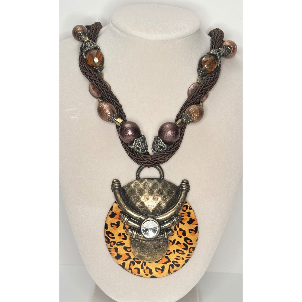 Vintage 90s Chicos Brass Bohemian Statement Necklace Leopard Print Pendant 20"